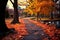 A scenic autumn path, adorned with falling maple leaves in brilliance