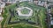 Scenic autumn view from drone of Spanish city of Jaca with pentagram-star shaped Citadel