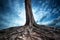 Scenic background of old tree and roots at night