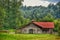 A scenic barn surrounded by trees and flowers