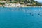 Scenic bay in Portovenere with stick structure of traditional mussel cultivation in water