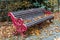 Scenic bench with piles of fallen yellow leaves on top or bottom of it during autumn, Battersea Park, London