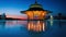 Scenic with blinking lights in pool water at sunset sky