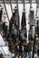 Scenic bottom view old abandoned coal mine worker clothing dressing room hanged at ceiling with chain lockers