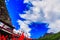 A scenic building on the mountains and the blue sky in china