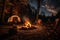 Scenic campfire with burning wood, nearby chairs, and tent in the lush forest setting