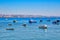 Scenic Cascais water front, fishing boats moored on the Praia da Ribeira