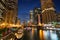 Scenic Chicago River Riverwalk at Night in Chicagio, Illinois