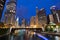 Scenic Chicago River Riverwalk at Night in Chicagio, Illinois