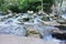 Scenic closeup of wet stones in a river flowing in a park, cool for background