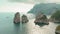 Scenic coastline adorned with iconic sea stacks Faraglioni against hazy sky. The rocky sentinels stand guard over the
