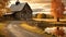 A scenic country road with a classic barn in the distance, surrounded by fields and greenery, An old, rustic barn in an autumn