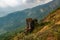 Scenic of couple stone at kew mae pan hill in afternoon view with fog and smog Chiang Mai