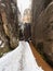 Scenic detail of path in Sandstone rocky labyrinth  in  Adrspach during winter