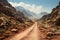 A scenic dirt road winding through majestic mountains and rocky terrain. AI Generated