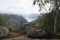 Scenic and dramatic panorama of Lysefjord Lysefjorden fjord canyon landscape in Norway in summer