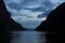 Scenic and dramatic panorama of Lysefjord Lysefjorden fjord canyon landscape in Norway in summer