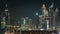 Scenic Dubai downtown skyline timelapse at night. Rooftop view of Sheikh Zayed road with numerous illuminated towers.