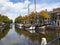 Scenic Dutch port in Schiedam with ships in the canal