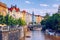 Scenic embankment in Prague city; Historical center of Prague, buildings and landmarks of old town, Prague, Czech Republic