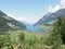 Scenic european lake Brienz seen from Brunig Pass in Switzerland with clear blue sky in 2018 warm sunny summer day