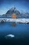 Scenic fjord on Lofoten islands, Reine, Norway. Cabin in village. Famous tourist attraction on Lofoten Islands.