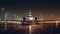 Scenic front view modern luxury expensive private jet plane parked airport taxiway hangar warm colorful dramatic evening