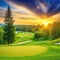 Scenic Golf Course with Forest and House in