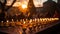 A scenic Hanukkah menorah lighting ceremony takes place outdoors, against the backdrop of a historic synagogue. The candles,