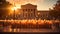 A scenic Hanukkah menorah lighting ceremony takes place outdoors, against the backdrop of a historic synagogue. The candles,