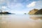 Scenic Haukland beach with reflection on Lofoten Islands in Norway on a bright summer day