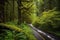 scenic highway passing through dense forest, with towering trees and rushing stream