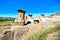 Scenic hoodoos under blue skies Drumheller, Canada