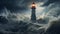 Scenic illustration of a beautiful lighthouse in a storm with strong waves. Neural network AI generated