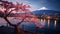 Scenic japanese mountain landscape with beautiful cherry blossom trees blooming in spring