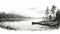 Scenic Lake Canoe Illustration: Serene Black And White Vector Art