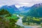 Scenic landscape Andalsnes city located on shores of Romsdal Fjord between the picturesque mountains. View from Rampestreken