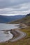 Scenic landscape with beautiful road, fjord and coastline from Iceland Westfjord