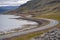Scenic landscape with beautiful road, fjord and coastline from Iceland Westfjord