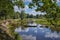 Scenic landscape with calm river and green vegetation