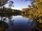 Scenic Landscape of the Concord River and Old North Bridge in Autumn in Concord, Massachusetts, New England