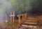 Scenic landscape of foggy mountain forest at spring. Vanishing stairway path leading through trees into the wood towards