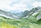 Scenic Landscape - Mountains, River and Meadow, Watercolor sketch, hand painted illustration