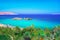 Scenic landscape of palm trees, turquoise water and tropical beach, Vai, Crete