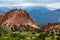 Scenic landscape with Pikes Peak and red rock formations at Garden of the Gods