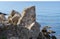 Scenic landscape with rocky coast of the Black Sea in surroundings of Sudak, Crimean peninsula. Cape Alchak in Sudak