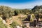 Scenic landscape with ruins of temple at ancient Pinara in Turkey.