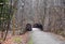 Scenic landscape of a rustic bridge on a nature trail in a snow storm.