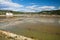 Scenic landscape salt manufacturing farm in blue sky, strunjan, slovenia