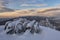 Scenic landscape shot at sunrise with ancient guns covered with snow